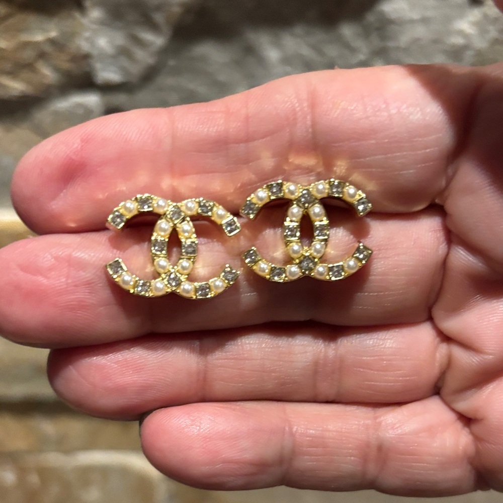 Gold Crystal Interlocking Logo Stud Earrings - image 3